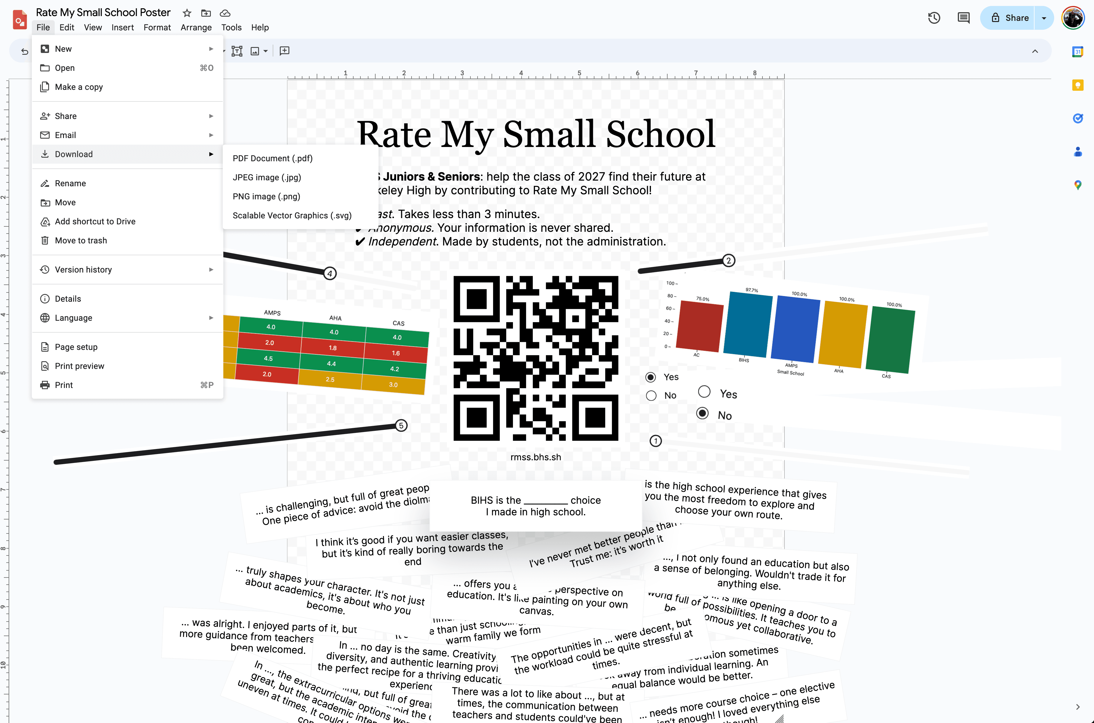 Google Drawings displaying the poster, with the export menu visible.