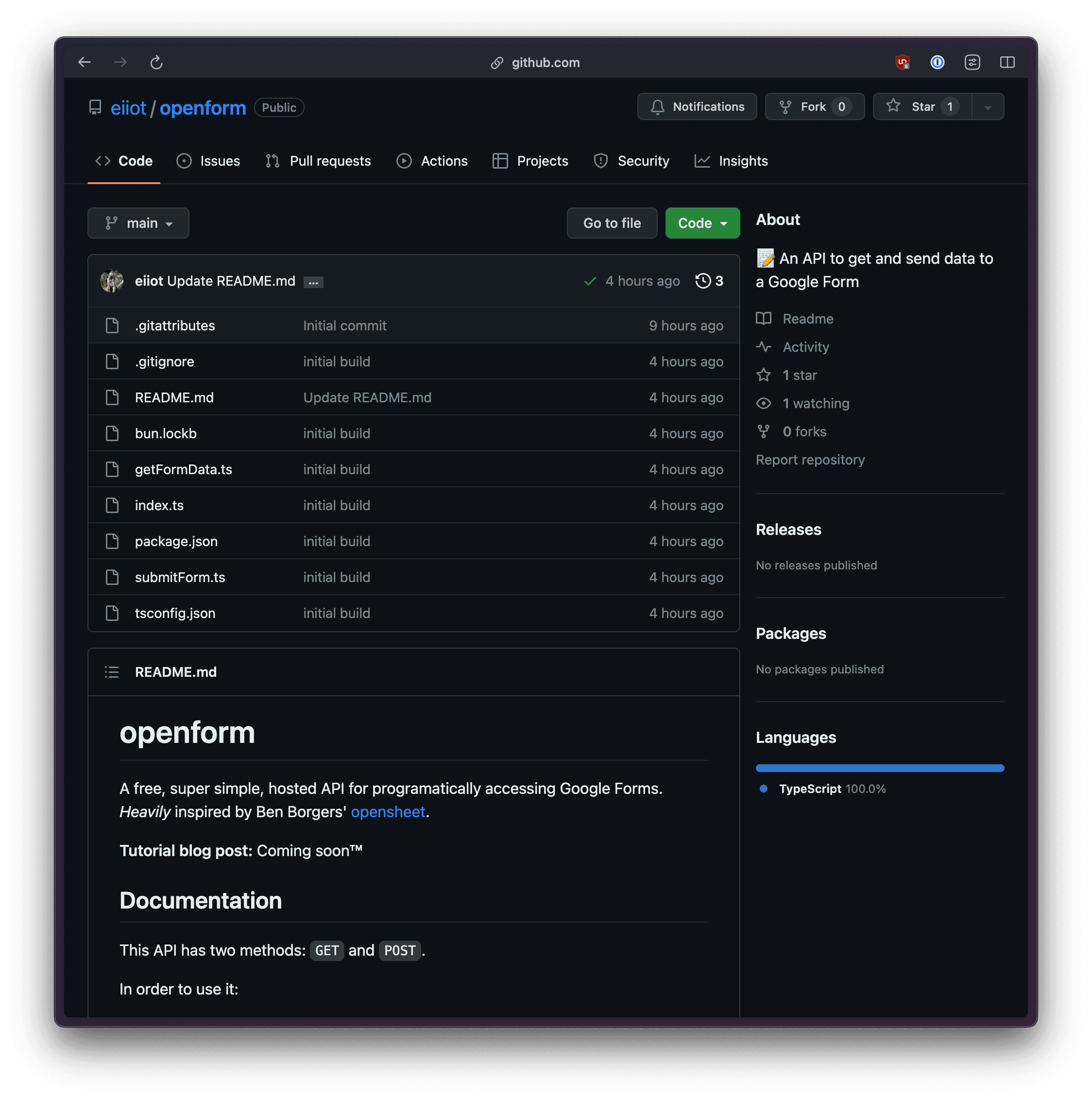 a screenshot of github.com/eiiot/opensheet