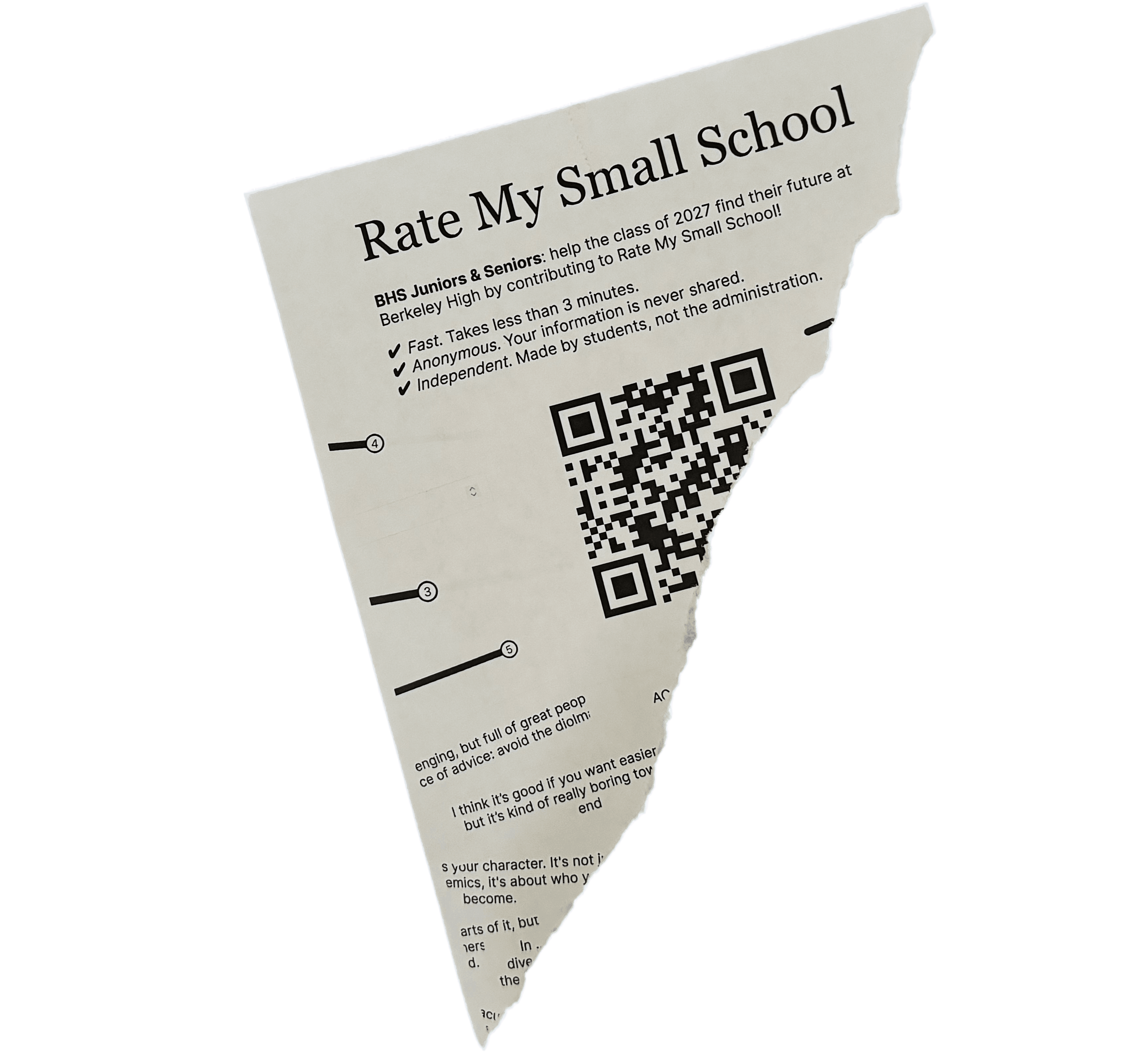 A torn poster with the title "Rate My Small School" hanging lopsided on a wall