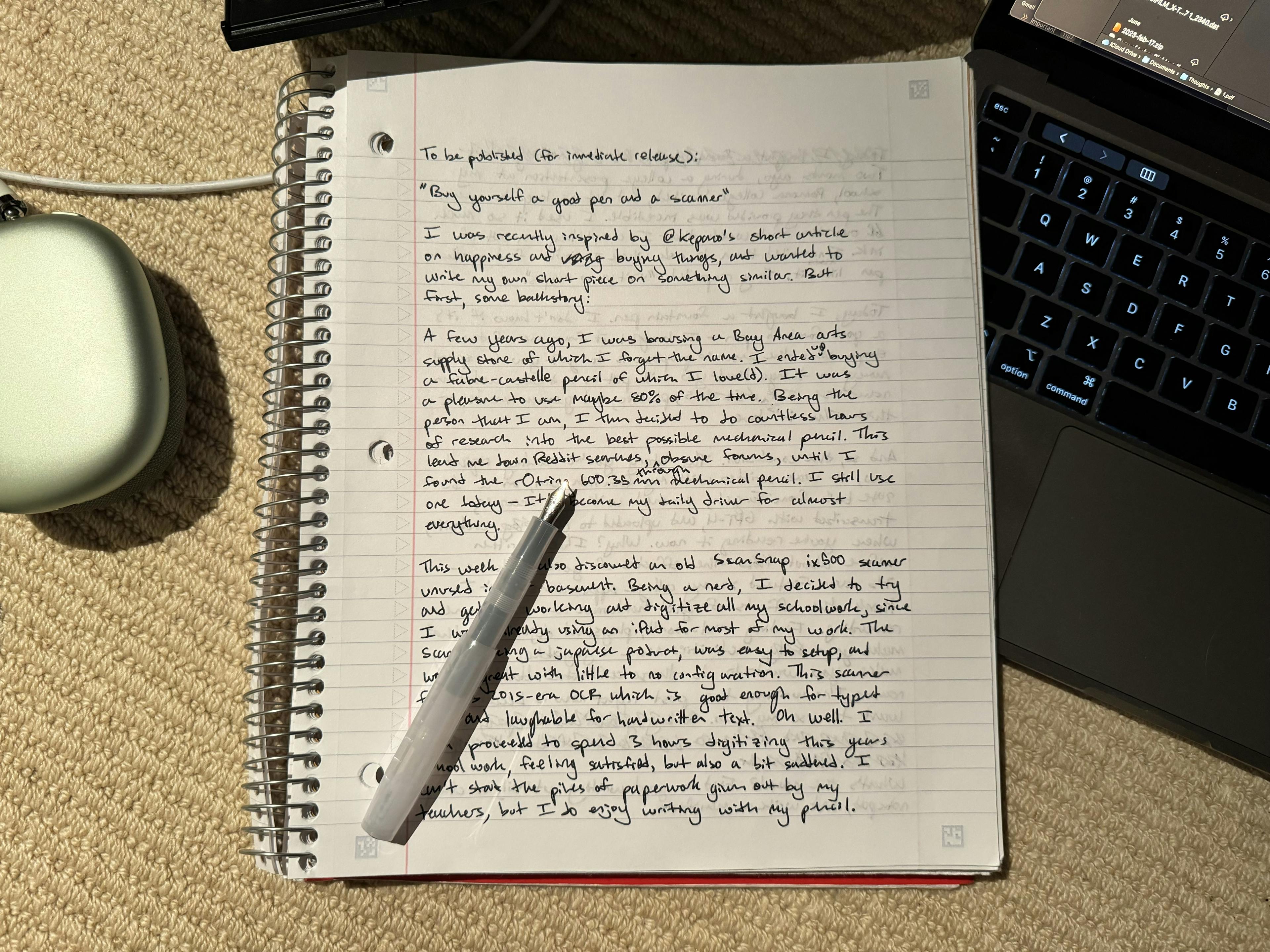 A photo of an open notebook, with a fountain pen on the top. The article below is written on the page.