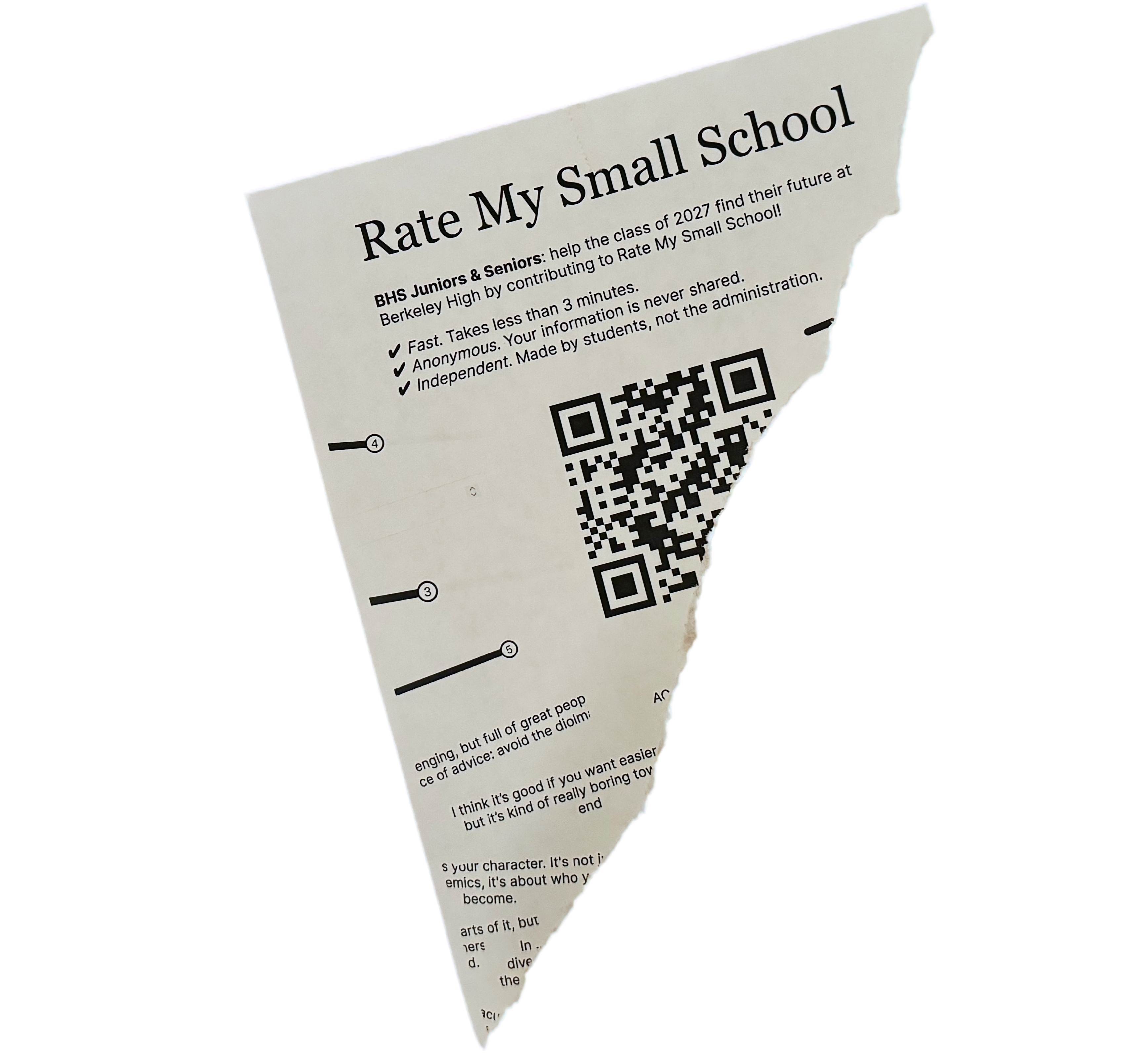 A torn poster with the title "Rate My Small School" hanging lopsided on a wall