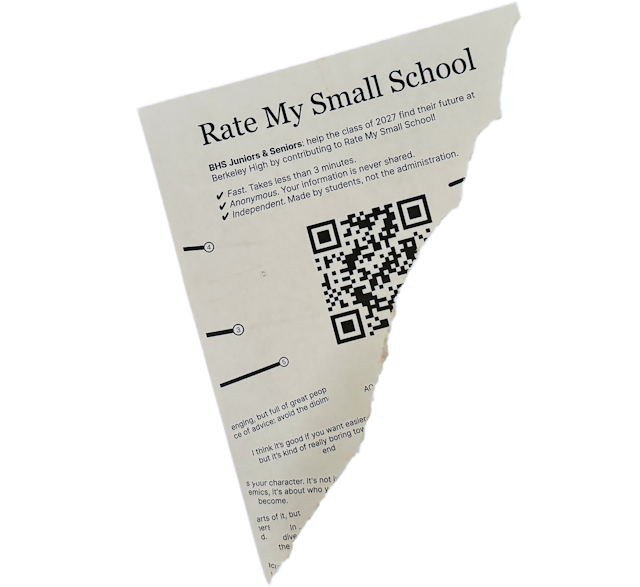 A png of a poster with the title "Rate My Small School", torn in half
