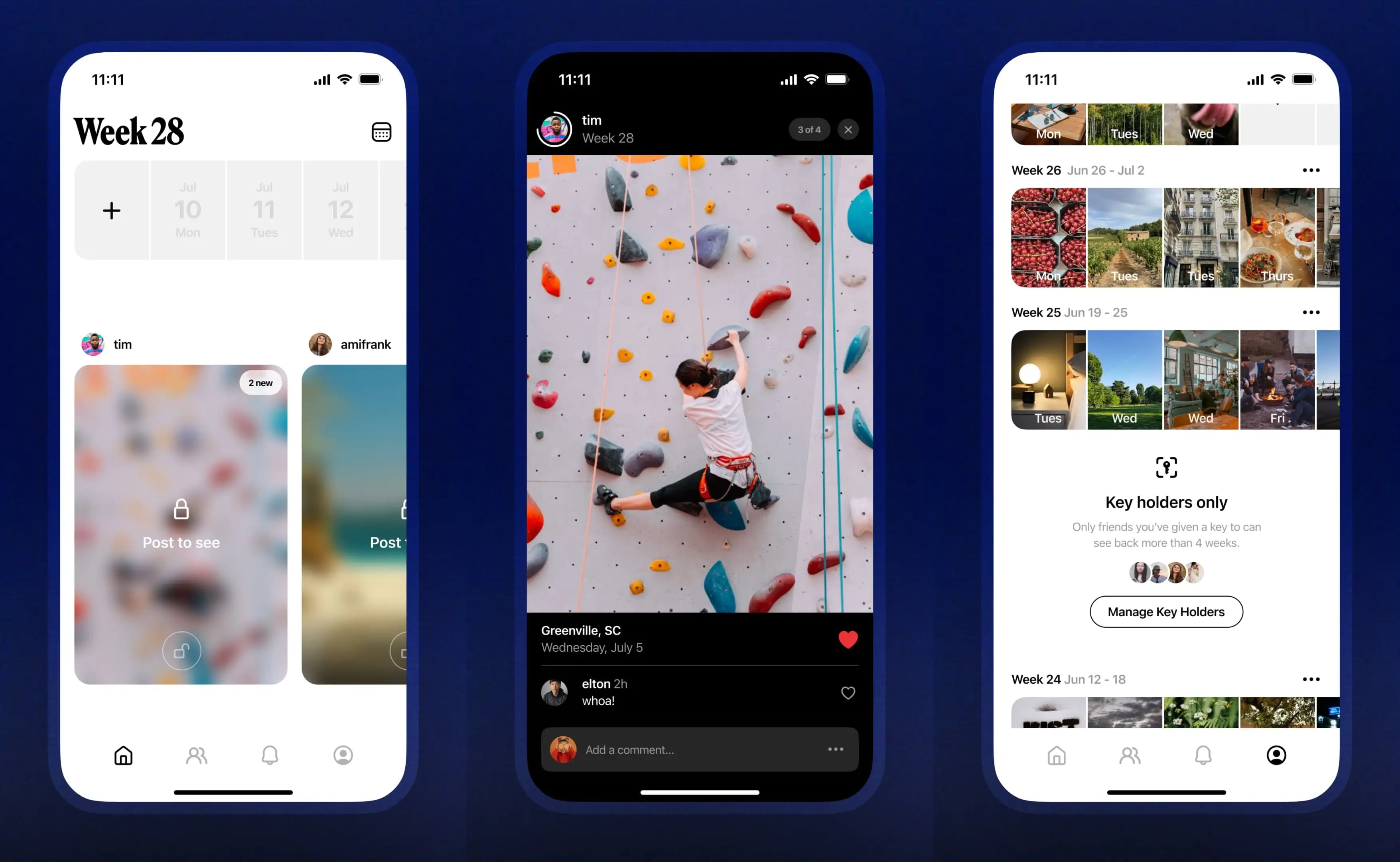Three phones showing the retro week view.